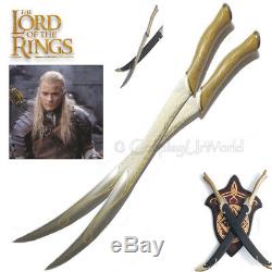 LOTR Lord of the Rings Legolas Elven Swords w. Wooden Plaque Wall Hanger Display